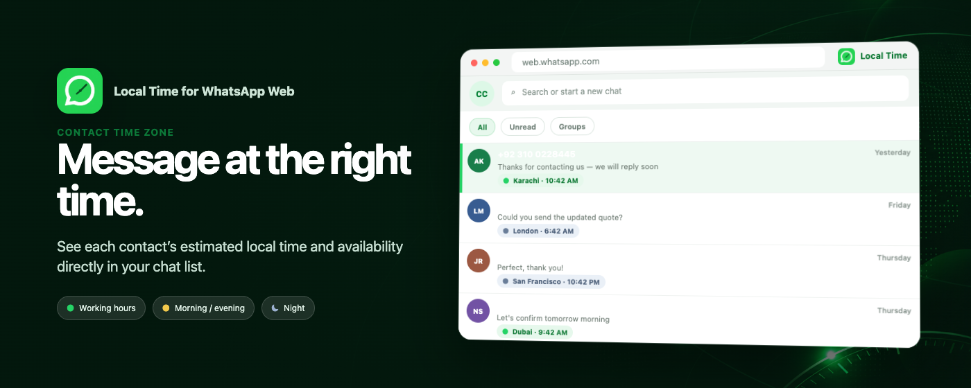 Local Time for WhatsApp Web – Contact Time Zone showing a contact's estimated local time in WhatsApp Web