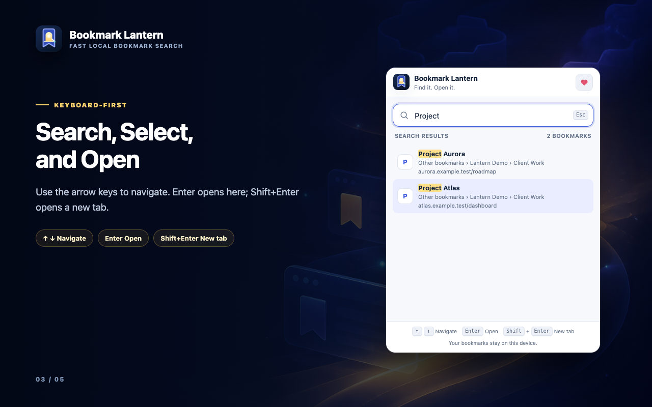Bookmark Lantern popup showing a keyboard-selected search result