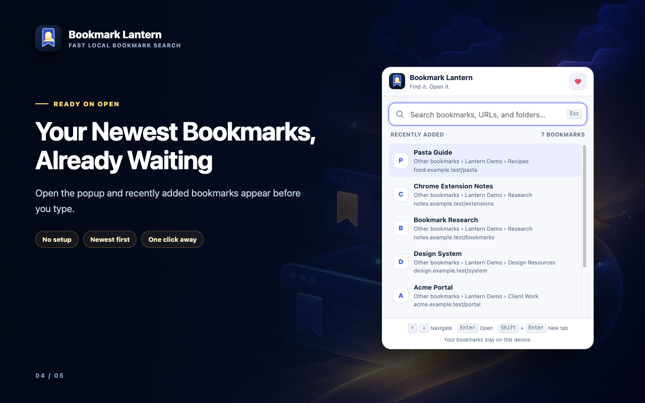 Bookmark Lantern popup showing recently added bookmarks before a search