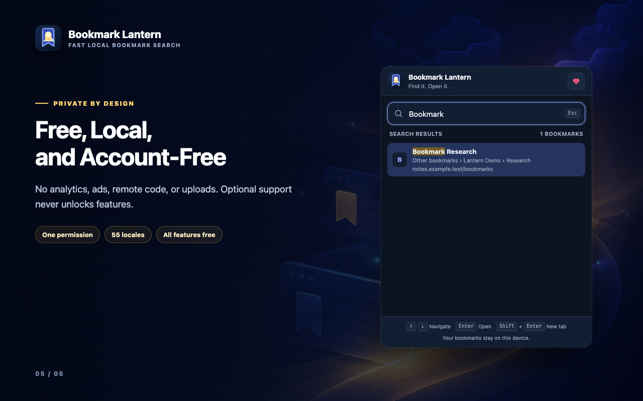 Bookmark Lantern dark mode popup showing private local bookmark search